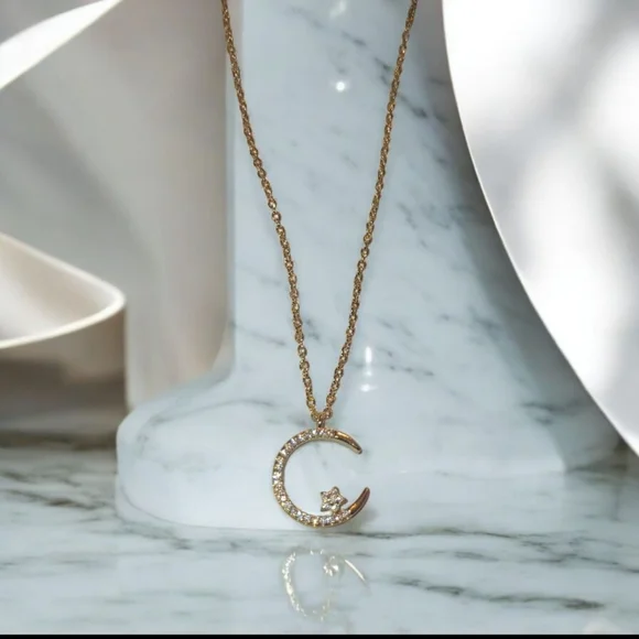 14k.Gold Plated Crescent Moon Necklace - Picture 4 of 11